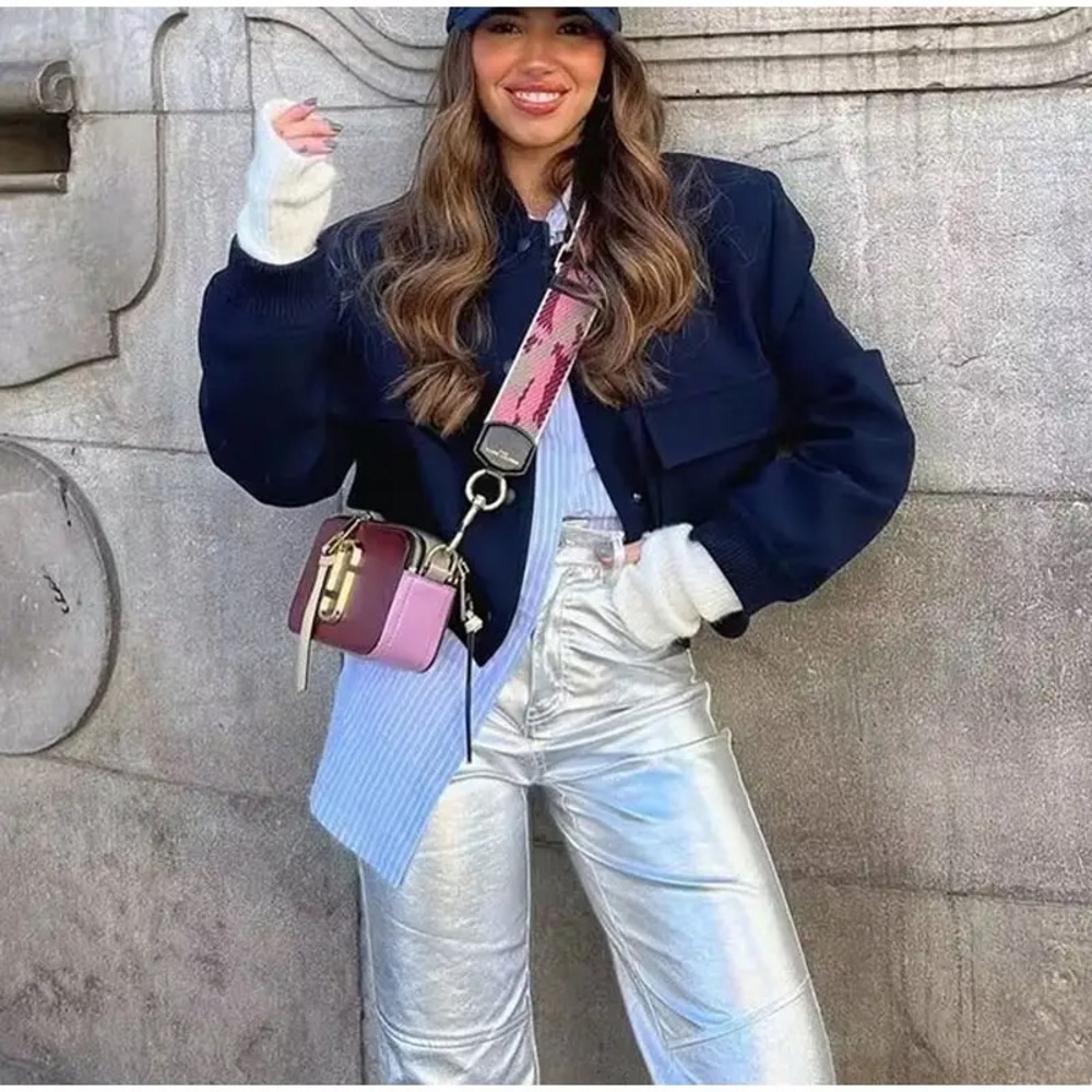 79. influencer blue Bomber Jacket Cropped Fitted Coat button down with pockets - Picture 2 of 8